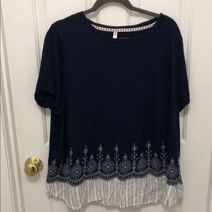 Xhilaration Navy Short Sleeve Embroidered Hem Tunic with Striped Ruffle
